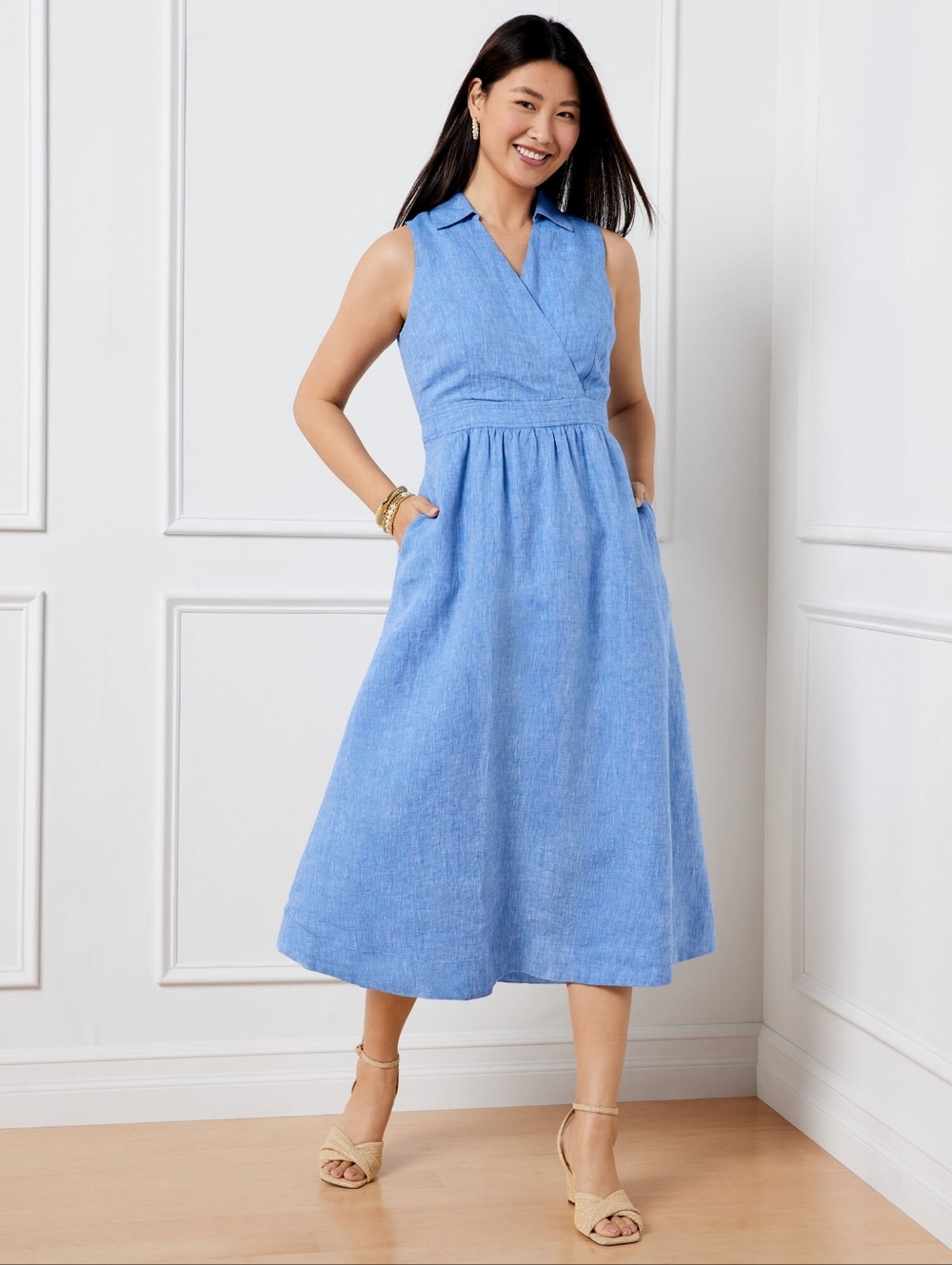 Talbots Sleeveless Faux Wrap Blue Line Shirtdress